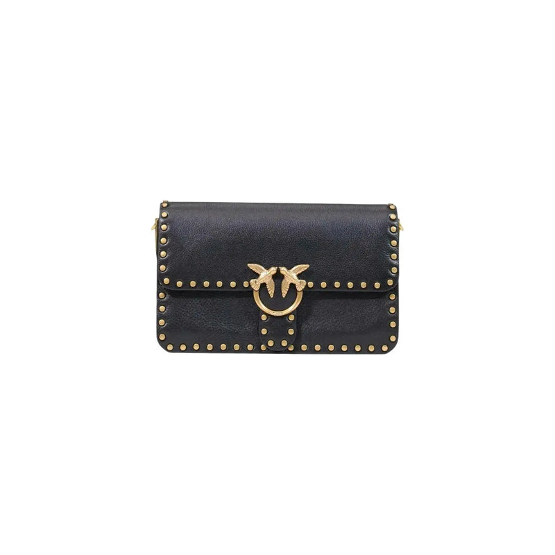 Black leather crossbody bag by pinko with gold-tone studs and a distinctive bird-shaped clasp small w27 cm