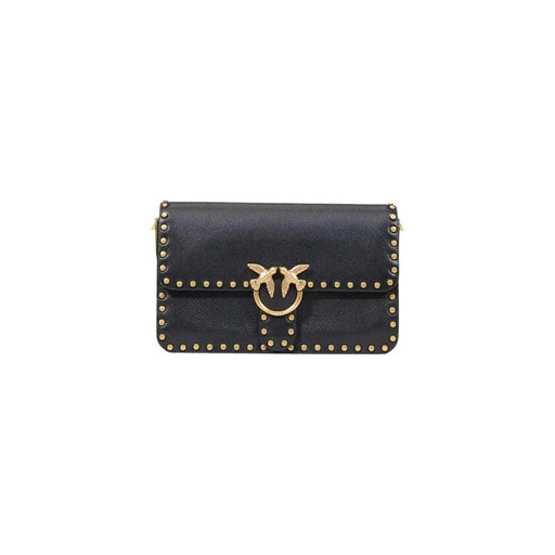Sac bandoulière en cuir noir par pinko avec des clous dorés et un fermoir original en forme d'oiseau, petit format, largeur 27 cm