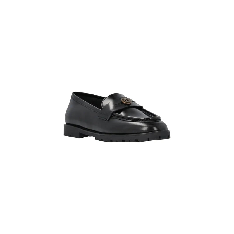 Pinko women leather slip on black loafer with gold tone logo emblem on strap for classic style
