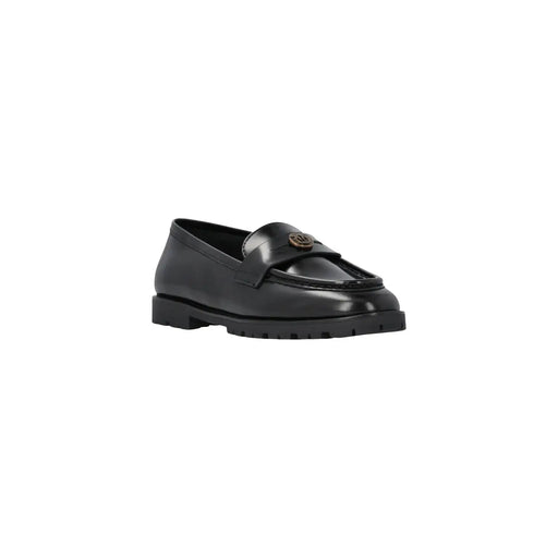 Pinko Mocassin noir en cuir pour femme, orné d'un logo doré sur la bride, pour un style classique.
