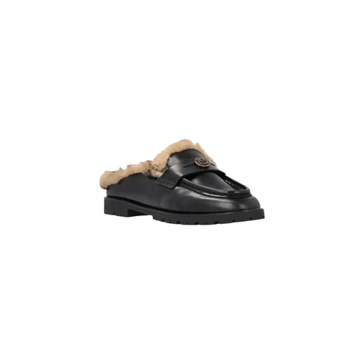 Pinko pantoufles en cuir pour femmes, mocassins noirs avec doublure en peau lainée beige et logo doré