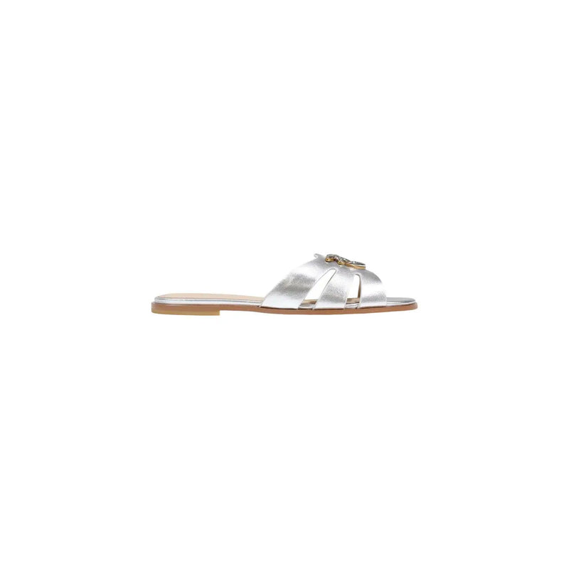 Pinko women leather silver milly summer slippers with a silver metallic strap and gold toned buckle detail