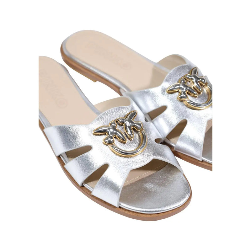 Pinko women leather slippers silver milly summer featuring silver metallic leather and gold-toned logo clasp