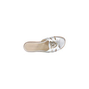 Pinko women leather slippers silver milly summer featuring silver metallic slide sandal with gold logo buckle and cut-out detailing