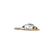 Pinko women leather slippers silver milly summer with silver metallic strap and decorative gold-toned buckle
