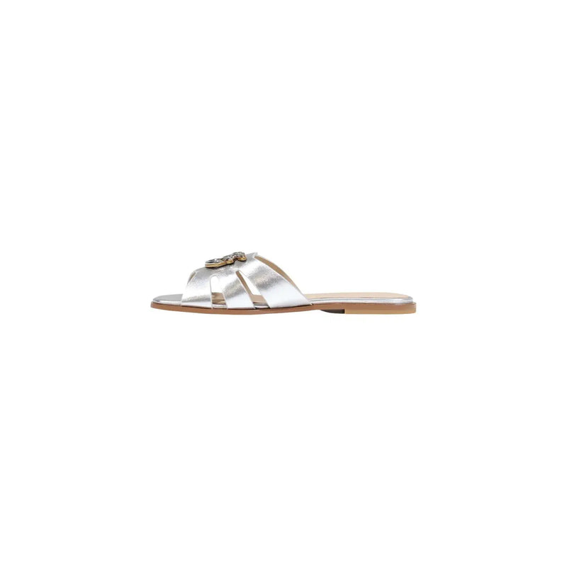 Silver metallic leather strap slide sandal with decorative buckle from Pinko women leather slippers silver Milly summer collection