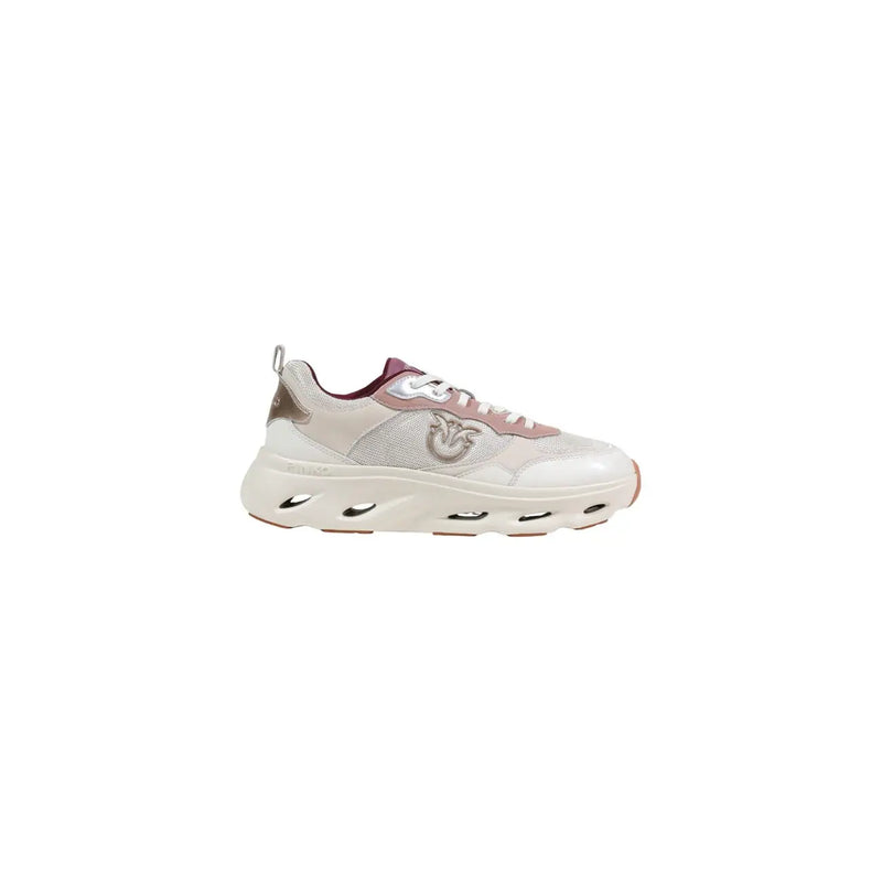 Pinko women leather sneakers beige lace up with cream color, chunky translucent sole, and subtle pink lace accents