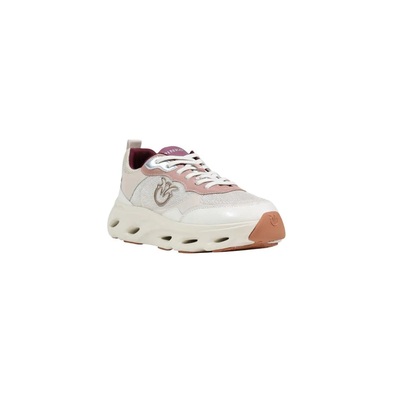 Pinko women leather sneakers beige lace up cream chunky sneaker with pink and burgundy mesh upper and rubber sole
