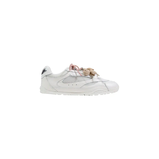 Pinko Baskets décontractées blanches en cuir pour femmes, à lacets, avec empiècements en mesh, lacets roses et détails métalliques argentés au talon.