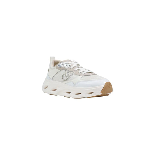 Pinko Baskets en cuir pour femme, blanches à lacets, décontractées, bicolores blanc et beige, avec semelle épaisse et logo argenté.