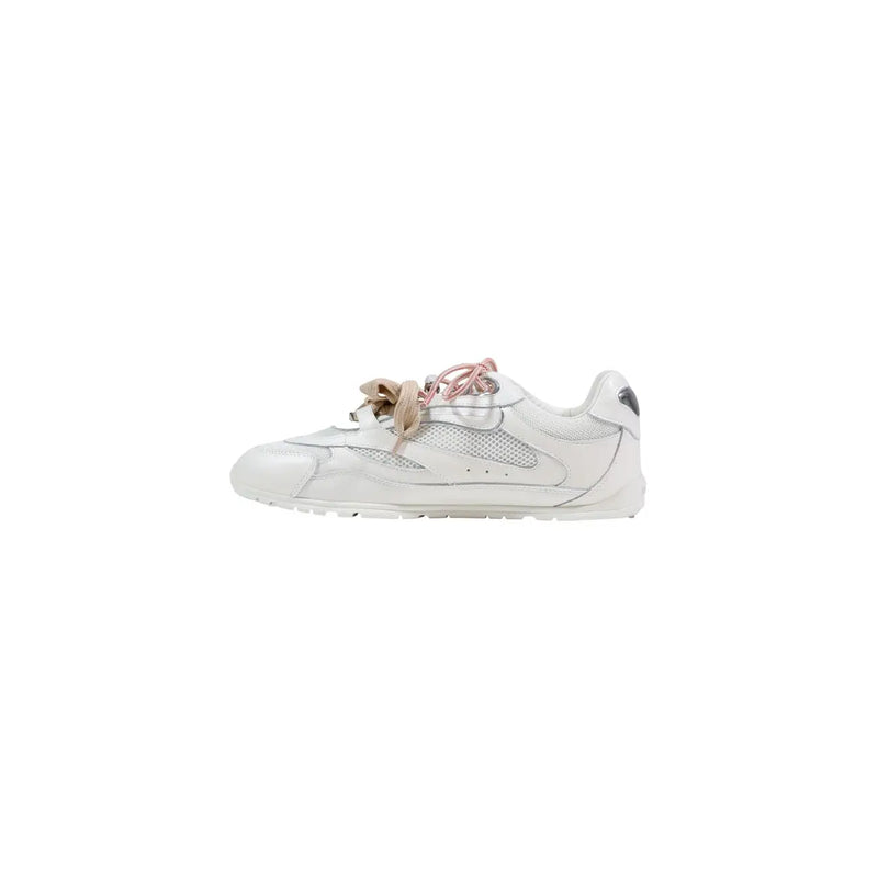 Pinko women leather sneakers white lace up casual with white mesh panel and beige and pink laces