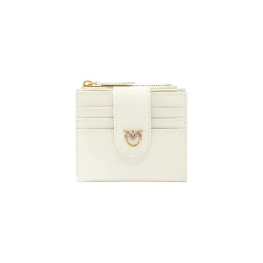 Pinko Portefeuille femme en cuir blanc doté d'un élégant porte-cartes en cuir avec fermoir abeille doré et tirette de fermeture éclair.