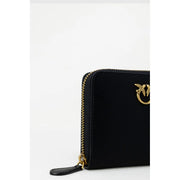 Pinko Portefeuille zippé en cuir pour femme, en velours noir avec logo oiseau doré et tirette de fermeture éclair, dimensions : 10 x 12 x 2,5 cm