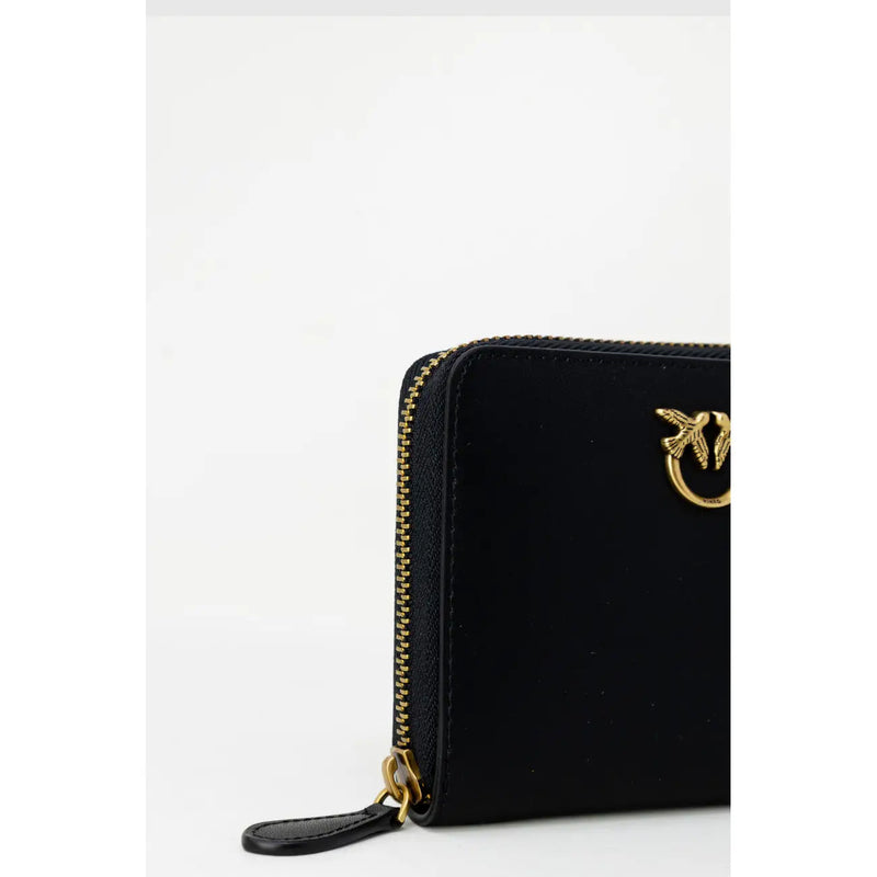 Pinko Portefeuille zippé en cuir pour femme, en velours noir avec logo oiseau doré et tirette de fermeture éclair, dimensions : 10 x 12 x 2,5 cm