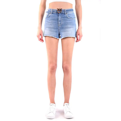 Pinko women light blue cotton shorts with frayed hem and animal shaped metal buckle belt visible from the front