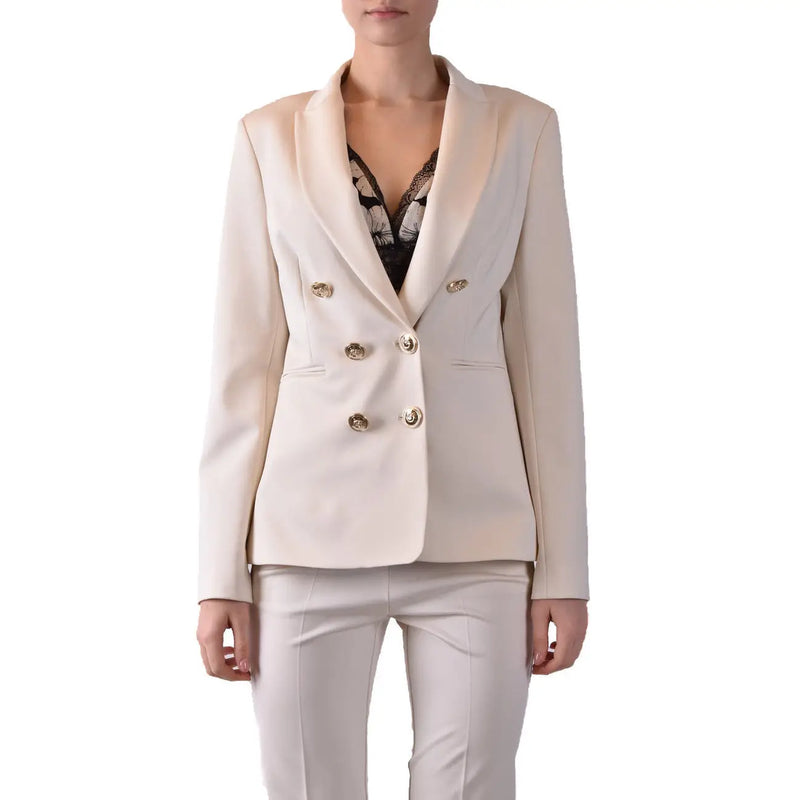 Pinko women cream-colored double-breasted blazer with gold-toned buttons made from viscose blend fabric