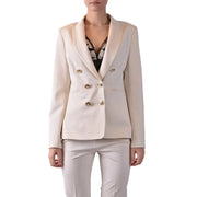 Cream-colored double-breasted blazer with gold-toned buttons and tailored fit made from viscose blend by Pinko Women