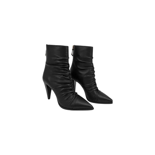 Pinko Bottines noires en cuir pour femmes, à bout pointu, talon aiguille haut et tige froncée.