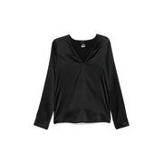Pinko women silk blouse in black with a v neckline and long satin sleeves for elegant occasions
