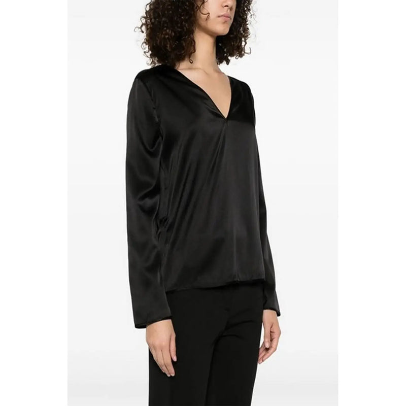 Pinko women silk blouse black v neck with long sleeves made of satin featuring a v neckline in black color