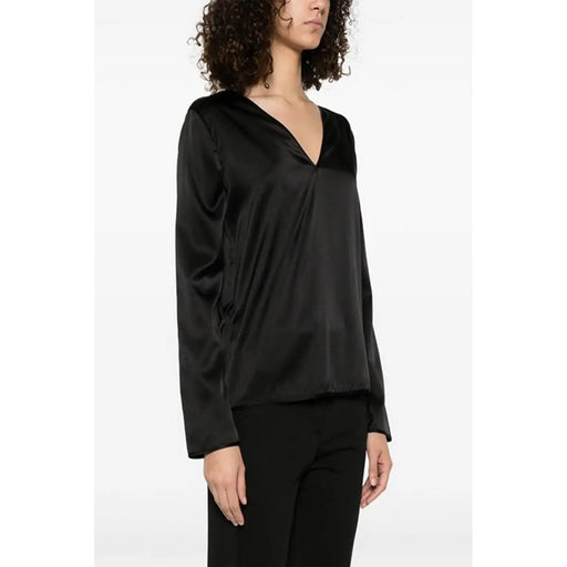 Pinko Chemisier en soie noire pour femme, col en V et manches longues, confectionné en satin noir.