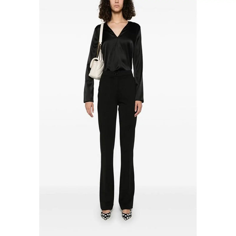 Pinko women silk blouse black v neck with long sleeves made of sleek glossy satin material