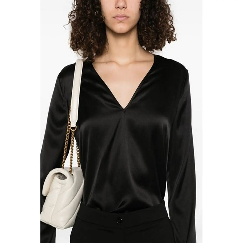 Pinko women silk blouse black in satin with long sleeves and deep v neckline for elegant wear