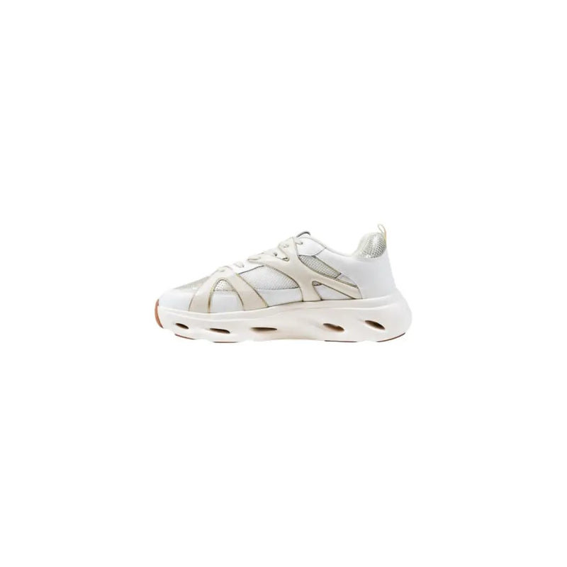 Pinko women slip on white leather sporty sneaker with chunky cushioned sole and metallic silver accents