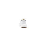 Pinko women slip on white leather sporty sneaker showing back with mesh heel tab and subtle gold tone pull tab accent