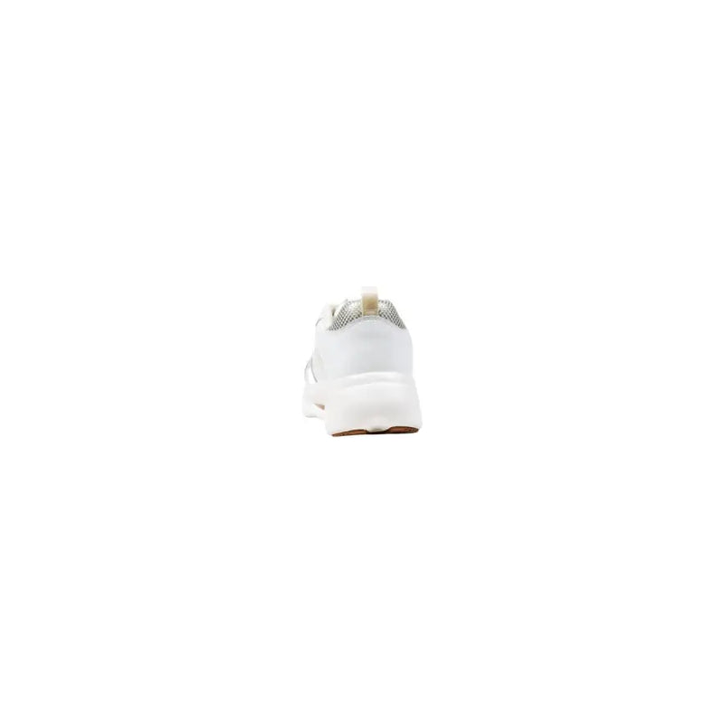 Pinko women slip on white leather sporty sneaker showing back with mesh heel tab and subtle gold tone pull tab accent