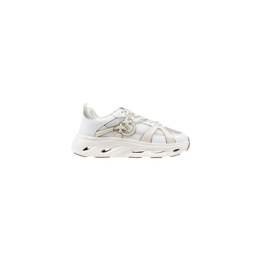 Pinko women slip on white leather sporty sneakers with beige mesh upper metallic logo and oversized rubber sole