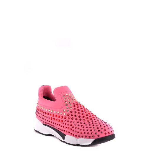 Pinko Baskets slip-on pour femmes en tissu rose orné de strass et semelle noire et blanche