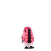 Back side of pink pinko women sneaker with vibrant pink fabric upper and red gold rhinestone embellishments and black accents