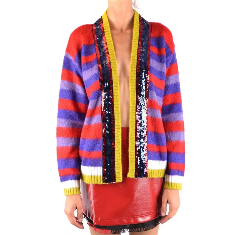 Pinko women striped mohair cardigan in vibrant red purple and yellow with sequined front panels