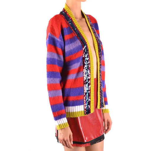 Pinko Gilet rayé en mohair pour femme, aux couleurs vives rouge, violet et jaune, orné de sequins et de motifs multicolores.