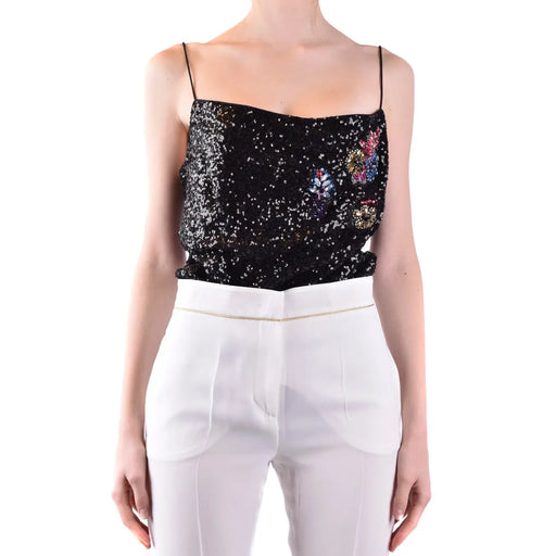 Pinko femmes top Débardeur en polyamide noir avec bretelles à sequins noirs et broderies florales colorées, taille B42380