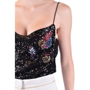 Pinko crop top noir sans manches pour femme top avec de fines bretelles en tissu polyamide et des appliqués floraux colorés en perles