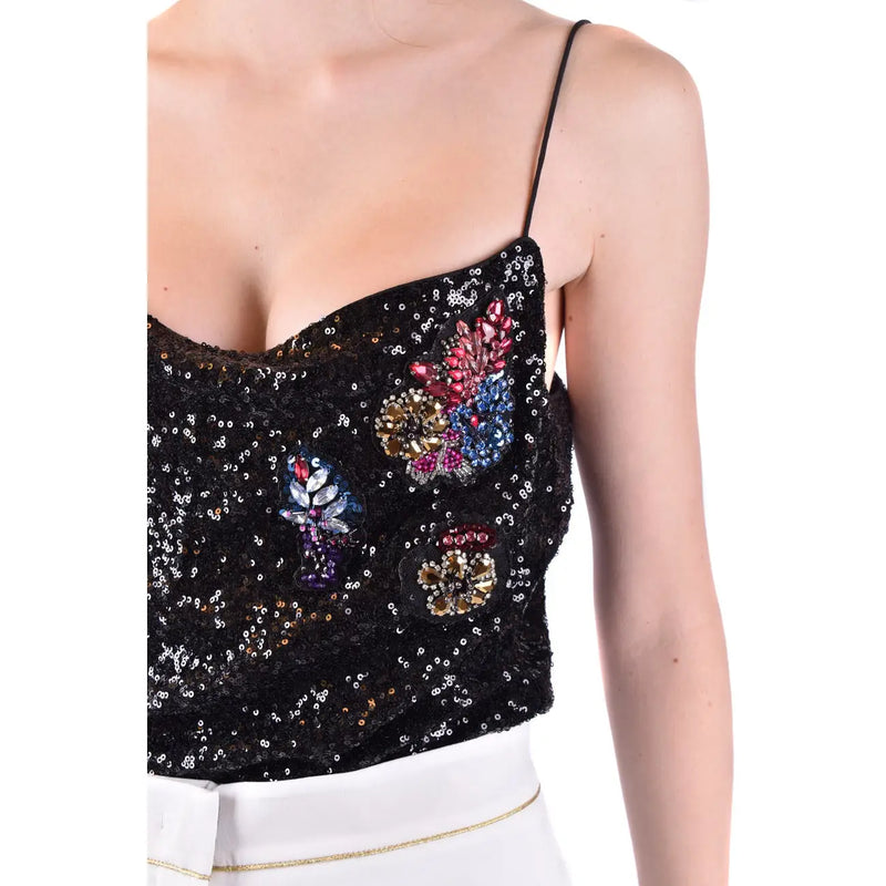 Pinko crop top noir sans manches pour femme top avec de fines bretelles en tissu polyamide et des appliqués floraux colorés en perles