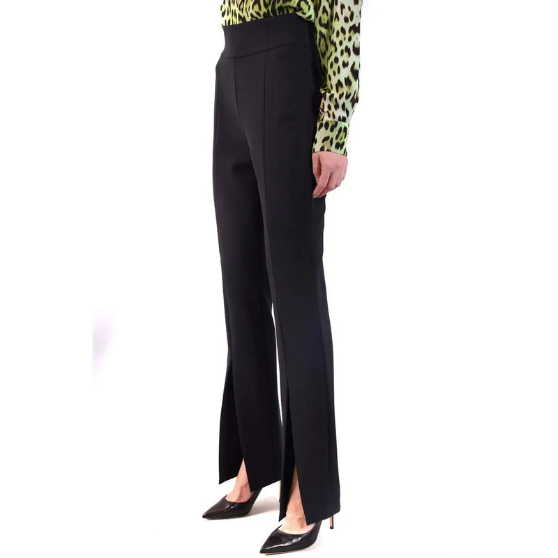 Pinko Pantalon noir évasé taille haute en polyester pour femme, avec fente à la cheville et fermeture éclair (vue de face)