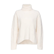 Pinko Pull en laine et cachemire à col roulé pour femme, couleur crème, avec maille côtelée et ourlet légèrement asymétrique.