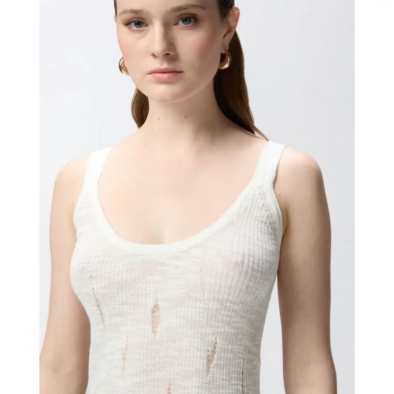 Pinko women white cotton elastane tank top with off-white ribbed knit and subtle vertical tear details