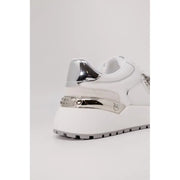 Pinko women white leather platform sneakers with silver metallic accents and reflective heel tab showing back side