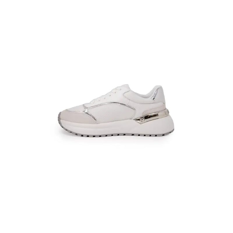 Pinko women white leather lace up sneakers with silver metallic accents and a chunky sole for casual wear