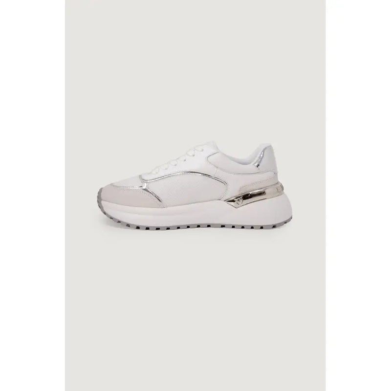 Pinko women white leather lace up sneaker with chunky sole and silver metallic accents on side and heel