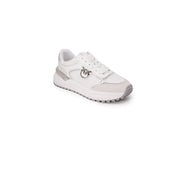 Pinko women white leather low-top sneakers with silver metallic accents and logo emblem on the side