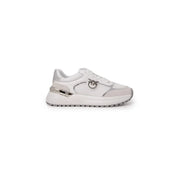 Pinko women white leather lace up sneakers with a glossy upper metallic logo and chunky rubber sole