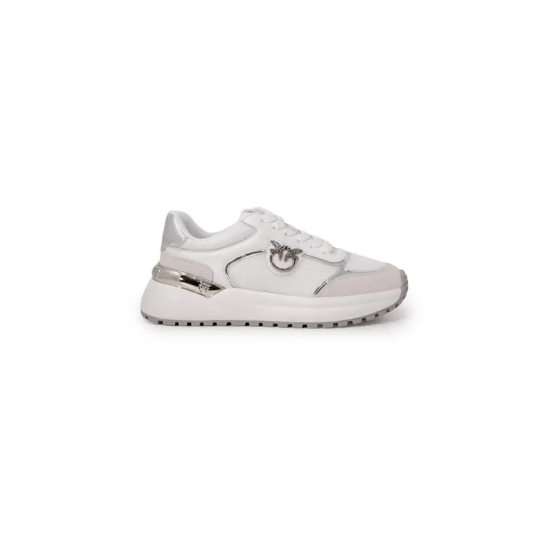 Pinko women white leather lace up sneakers with a glossy upper metallic logo and chunky rubber sole