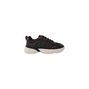 Pinko women white leather slip on sneakers with black and burgundy mesh upper and chunky white sole