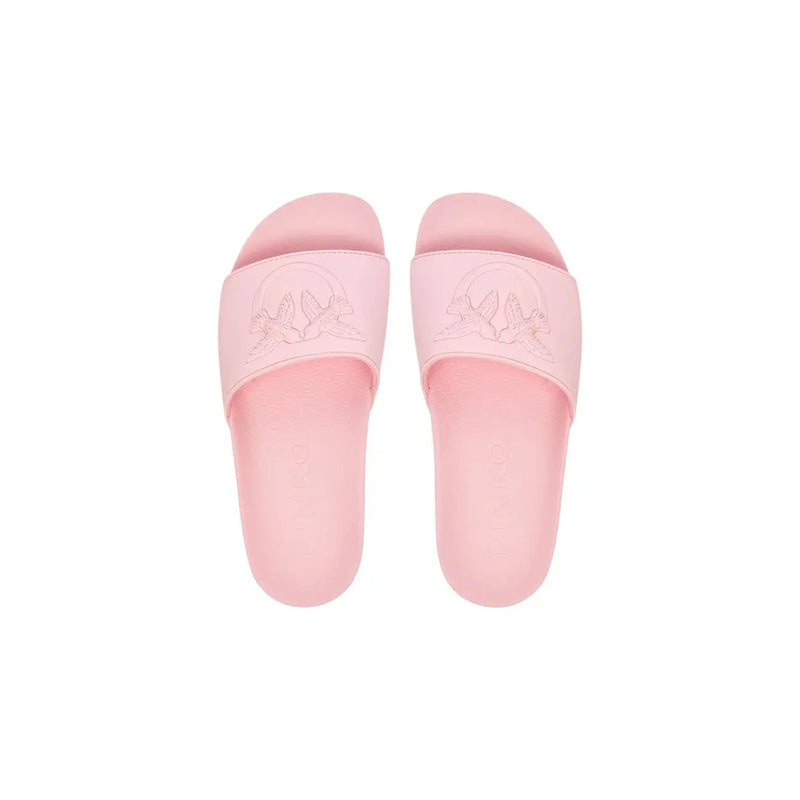 Pinko women white pvc slippers featuring pink slide sandals with a subtle embossed bird design on the strap