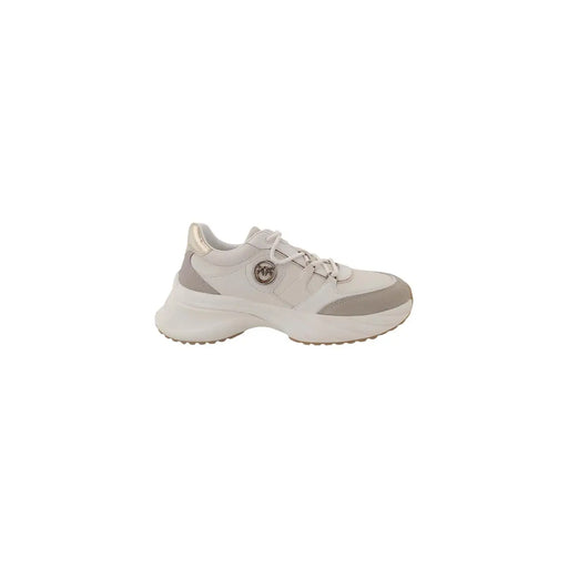 Pinko Baskets blanches pour femme, en polyester, avec tige en cuir texturé épais blanc cassé et gris clair, et logo métallique.